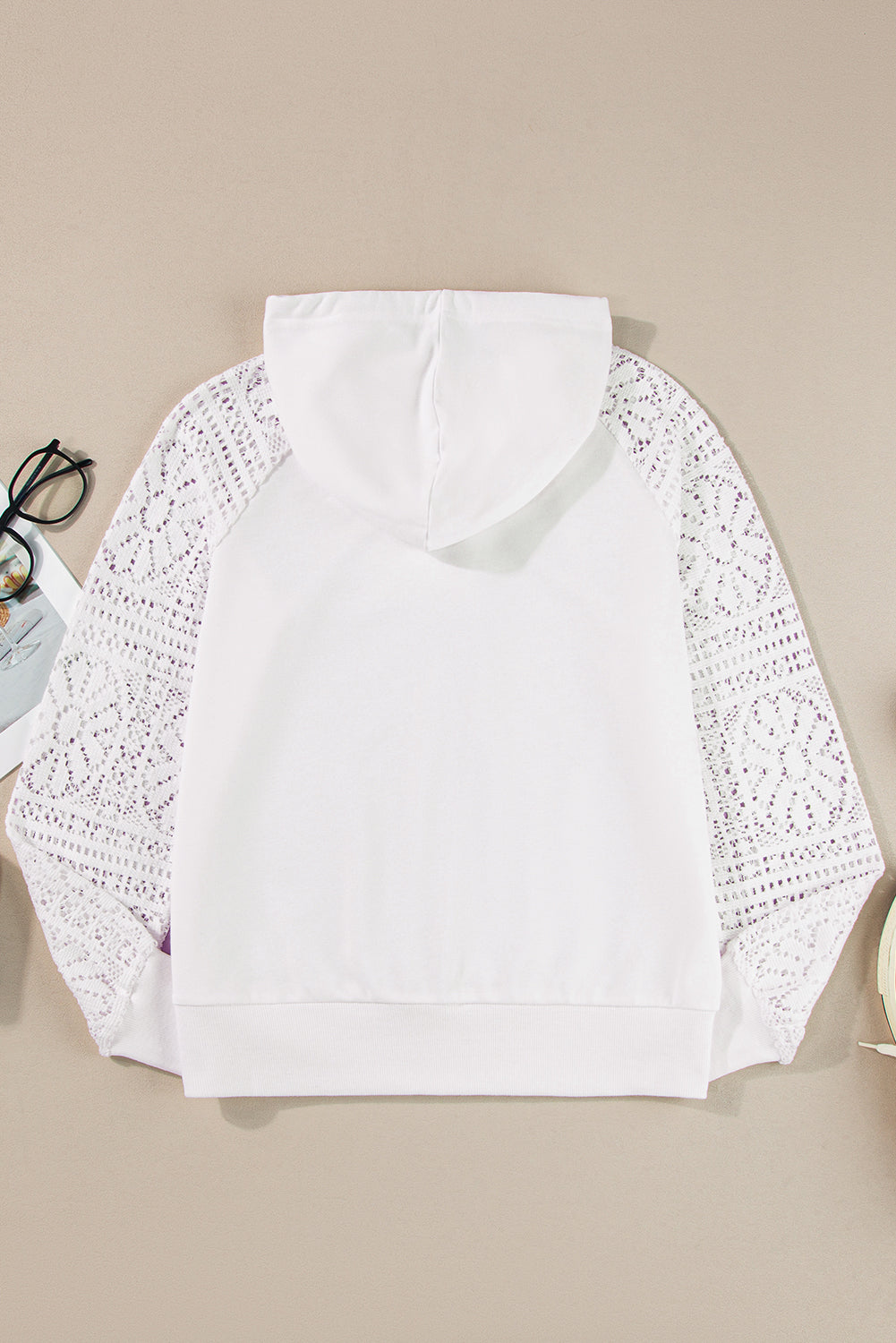 White Lace Patchwork Sleeve Drawstring Hoodie Sweatshirts & Hoodies JT's Designer Fashion