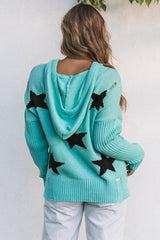 Green V Neck Star Pattern Hooded Sweater with Slits Sweaters & Cardigans JT's Designer Fashion