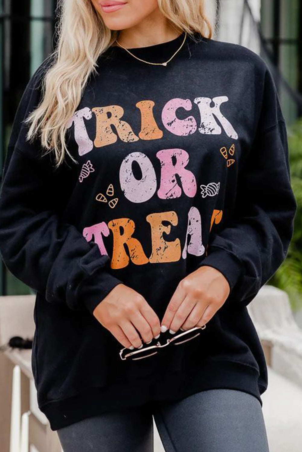 Black TRICK OR TREAT Graphic Crewneck Halloween Sweatshirt Black 50%Polyester+50%Cotton Graphic Sweatshirts JT's Designer Fashion