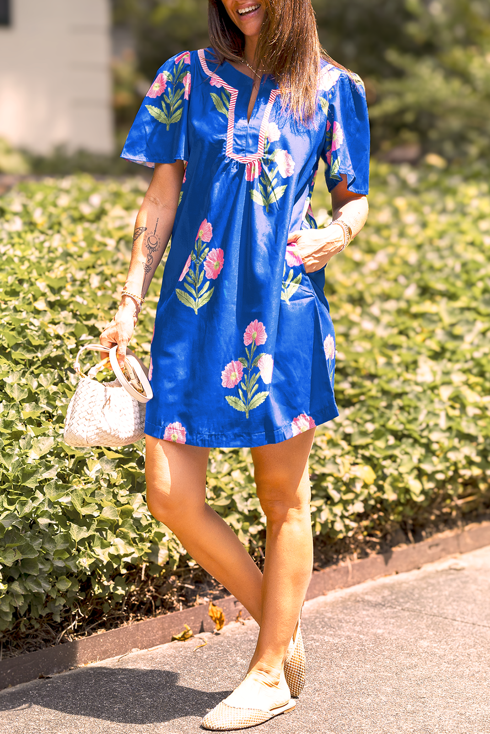 Blue Floral Short Sleeve Split Neck Loose Mini Dress Floral Dresses JT's Designer Fashion