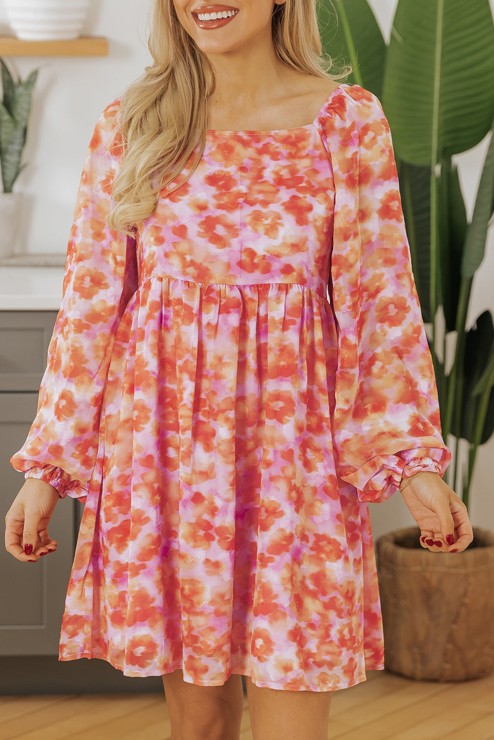 Rose Floral Print Square Neck High Waist Mini Dress Floral Dresses JT's Designer Fashion