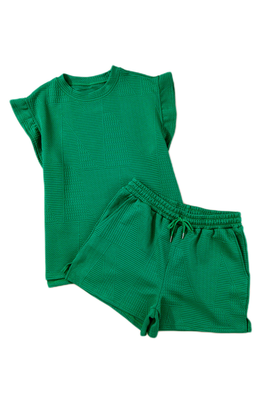 Dark Green Textured Ruffle Split Top and Drawstring Shorts Short Sets JT's Designer Fashion