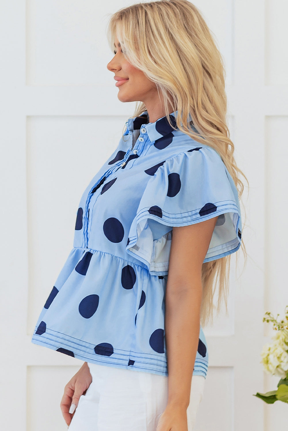 Sky Blue Polka Dot Print Ruffled Short Sleeve Buttoned Collared Blouse Blouses & Shirts JT's Designer Fashion