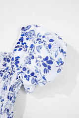 Sky Blue Floral Print Square Neck Bubble Sleeve High Waist Long Dress Maxi Dresses JT's Designer Fashion