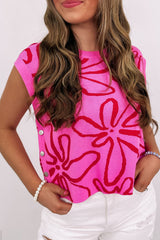 Bright Pink Button Sides Sleeveless Floral Knitted Top Sweaters & Cardigans JT's Designer Fashion