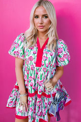 Pink Floral Print Contrast Trim V Neck Bubble Short Sleeve Babydoll Dress Floral Dresses JT's Designer Fashion