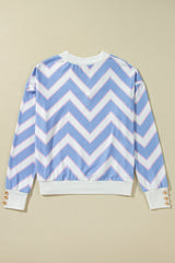 Sky Blue Zigzag Striped Print V Neck Oversized Top Long Sleeve Tops JT's Designer Fashion