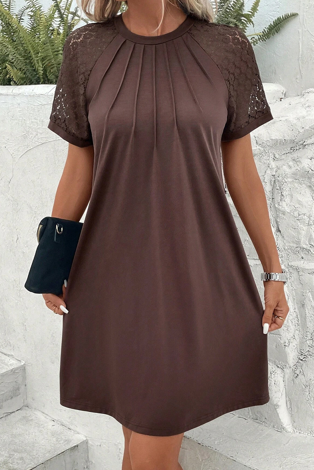 Dark Brown Contrast Lace Raglan Sleeve Pleated Detail Shift Dress T Shirt Dresses JT's Designer Fashion