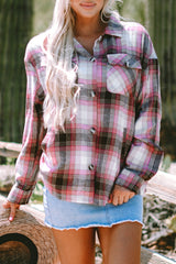 Pink Plaid Flap Pocket Button Up Shacket Plaid Shackets JT's Designer Fashion