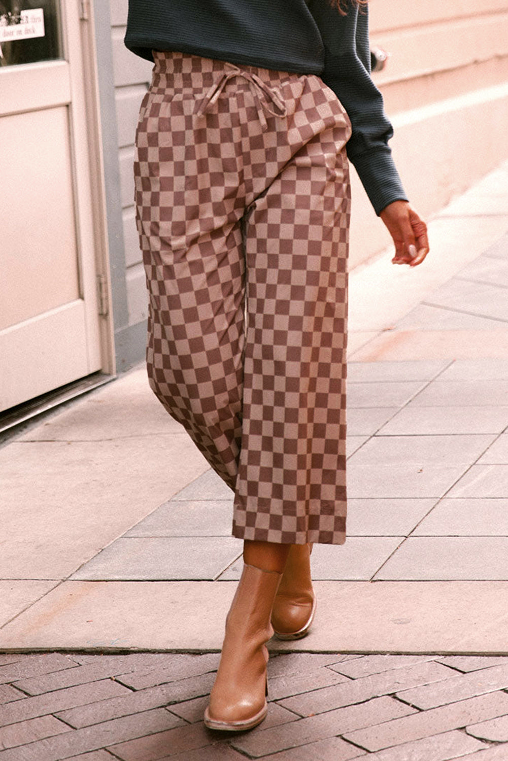 Khaki Checkered Elastic High Waist Loose Casual Pants Pants & Culotte JT's Designer Fashion