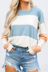 Light Blue Colorblock Striped Drop Shoulder Long Sleeve Top Long Sleeve Tops JT's Designer Fashion