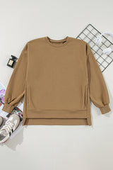 Camel Solid Fleece Lined Drop Shoulder High Low Sweatshirt Sweatshirts & Hoodies JT's Designer Fashion