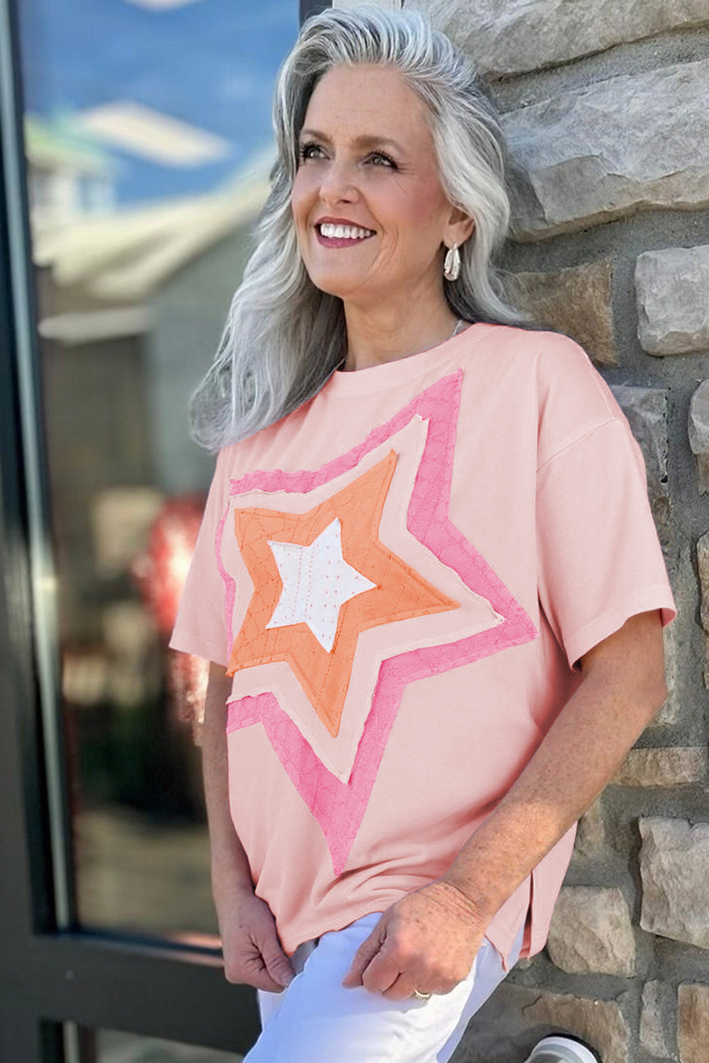 Light Pink Eyelet Lace Star Applique Plus Size T Shirt Plus Size Tops & Tees JT's Designer Fashion