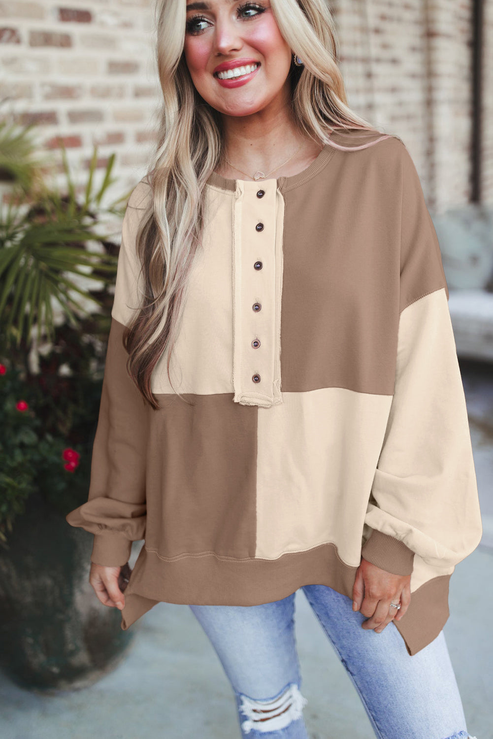 Parchment Colorblock Henley High Low Oversize Sweatshirt Sweatshirts & Hoodies JT's Designer Fashion