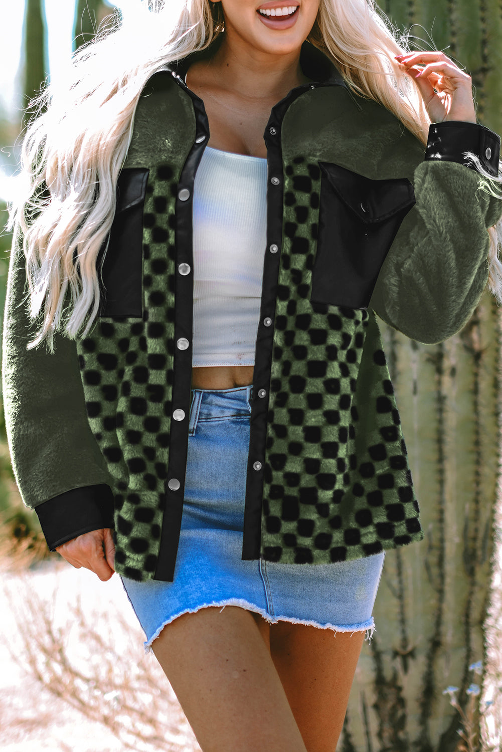 Vineyard Green Fleece Checkerboard Flap Pocket Snap Button Jacket Jackets JT's Designer Fashion