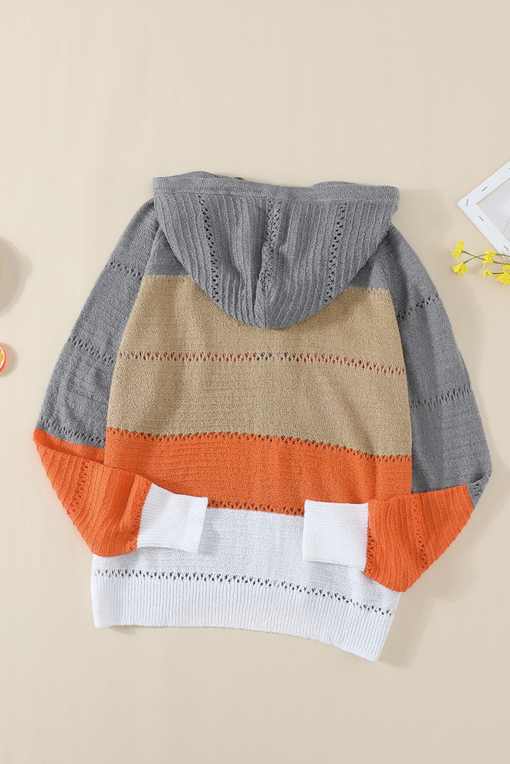 Gray Zipped Front Colorblock Hollow-out Knit Hoodie Sweatshirts & Hoodies JT's Designer Fashion