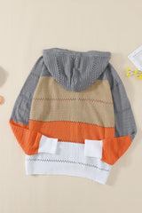Gray Zipped Front Colorblock Hollow-out Knit Hoodie Sweatshirts & Hoodies JT's Designer Fashion
