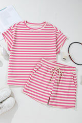 Rose Stripe Crew Neck T Shirt and Drawstring Shorts Set Short Sets JT's Designer Fashion