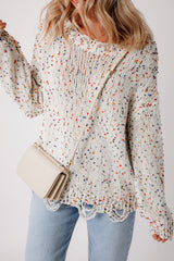 White Colorful Confetti Distressed Knit Sweater Sweaters JT's Designer Fashion