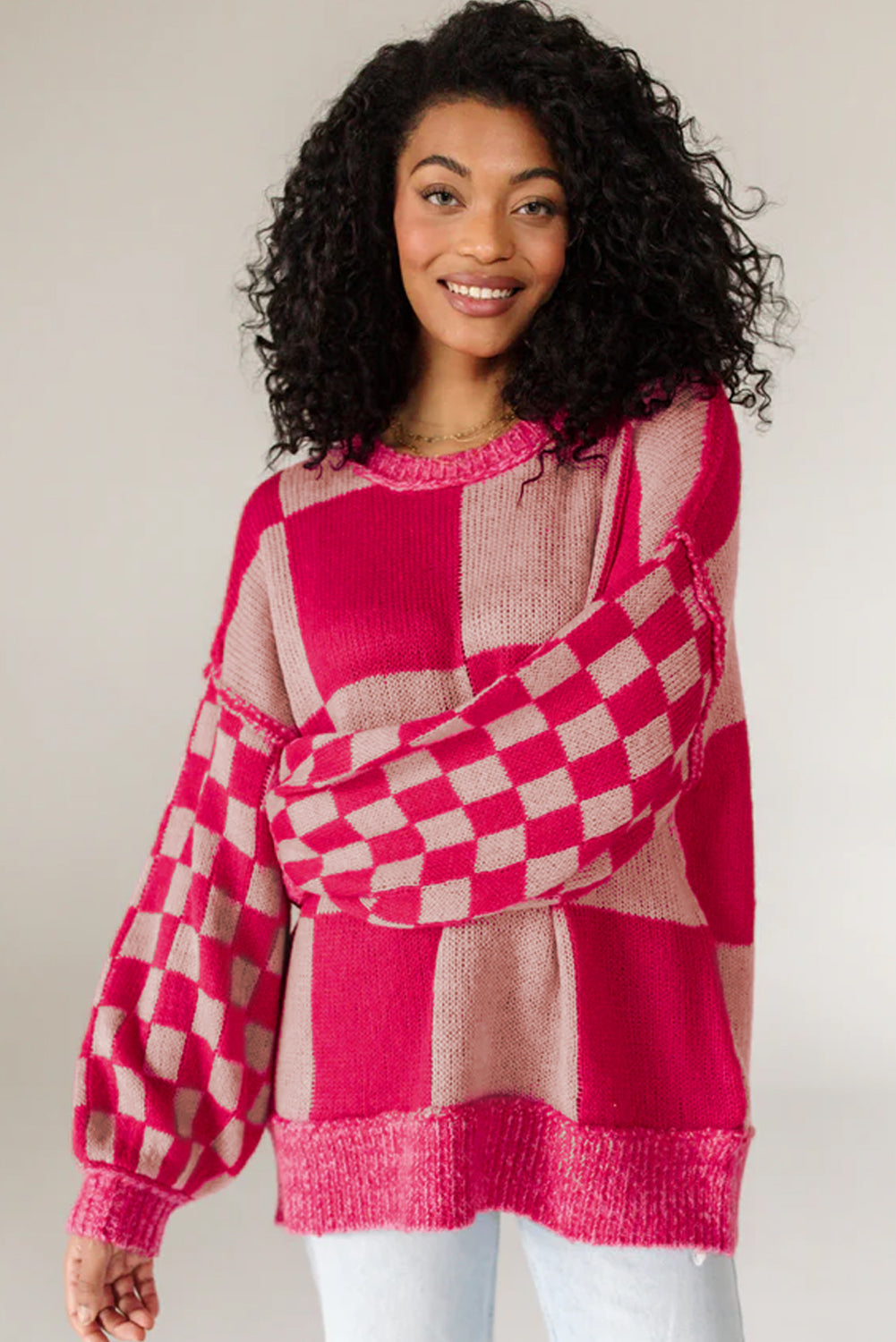 Rose Red Mixed Checkered Pattern Drop Shoulder Loose Sweater Sweaters JT's Designer Fashion