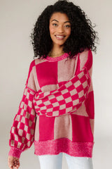 Rose Red Mixed Checkered Pattern Drop Shoulder Loose Sweater Sweaters JT's Designer Fashion