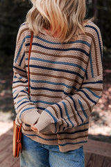 Multicolour Striped Knitted Drop Shoulder Round Neck Sweater Sweaters JT's Designer Fashion