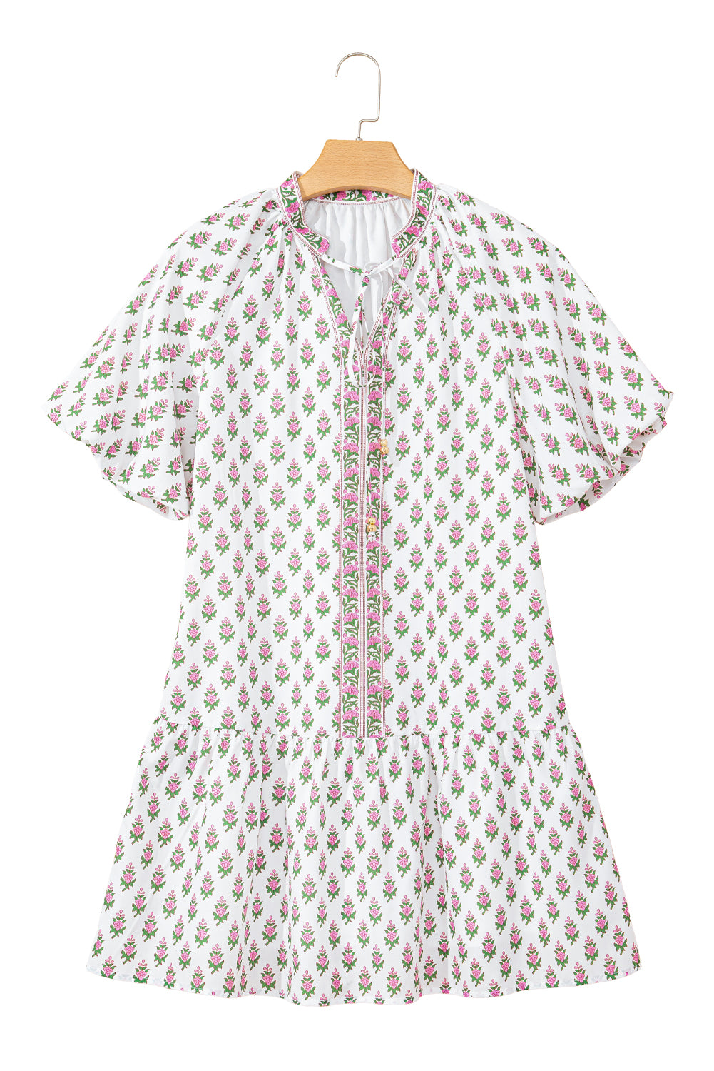 Pink Floral Print Bubble Sleeve Neck Tie Ruffled Dress Floral Dresses JT's Designer Fashion