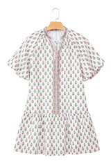 Pink Floral Print Bubble Sleeve Neck Tie Ruffled Dress Floral Dresses JT's Designer Fashion