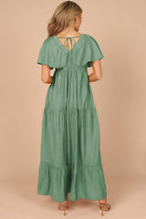 Grass Green Textured V Neck Flutter Sleeve Ruffled Long Dress Maxi Dresses JT's Designer Fashion