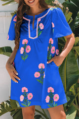 Blue Floral Short Sleeve Split Neck Loose Mini Dress Floral Dresses JT's Designer Fashion