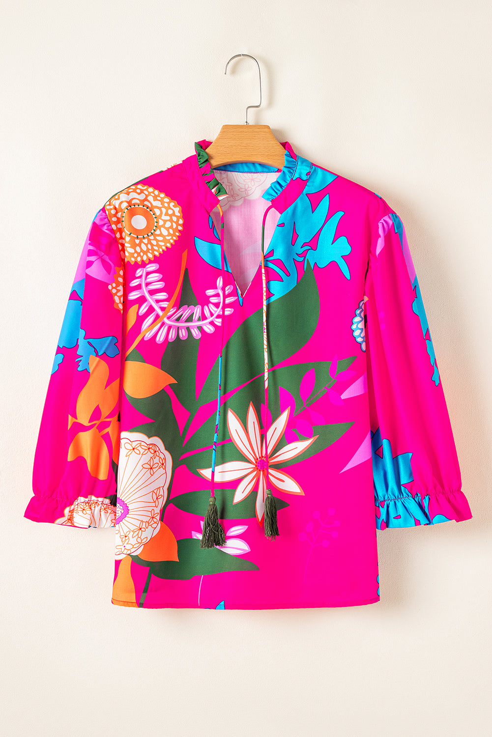 Rose Blooming Flower Print Ruffled Puff Sleeve Blouse Blouses & Shirts JT's Designer Fashion