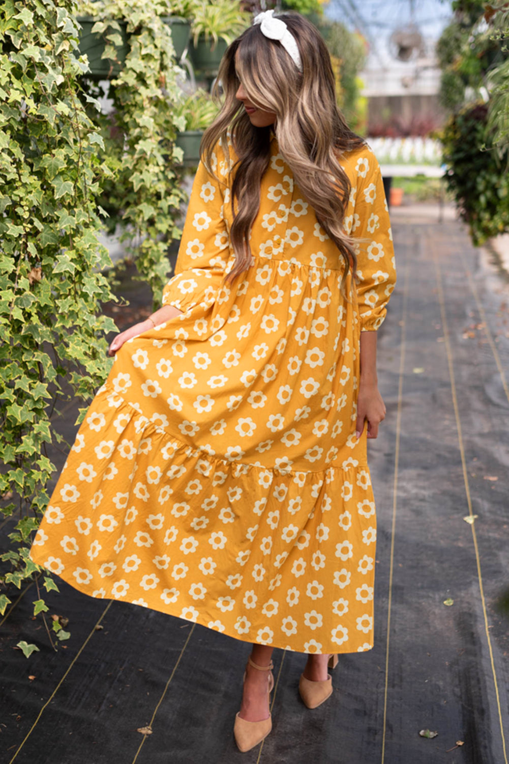 Yellow Flower Print Bracelet Sleeve Buttons Collared Long Dress Maxi Dresses JT's Designer Fashion