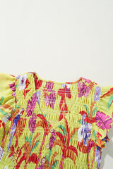 Yellow Cheetah Plant Print Shirred Button V Neck Long Dress Maxi Dresses JT's Designer Fashion