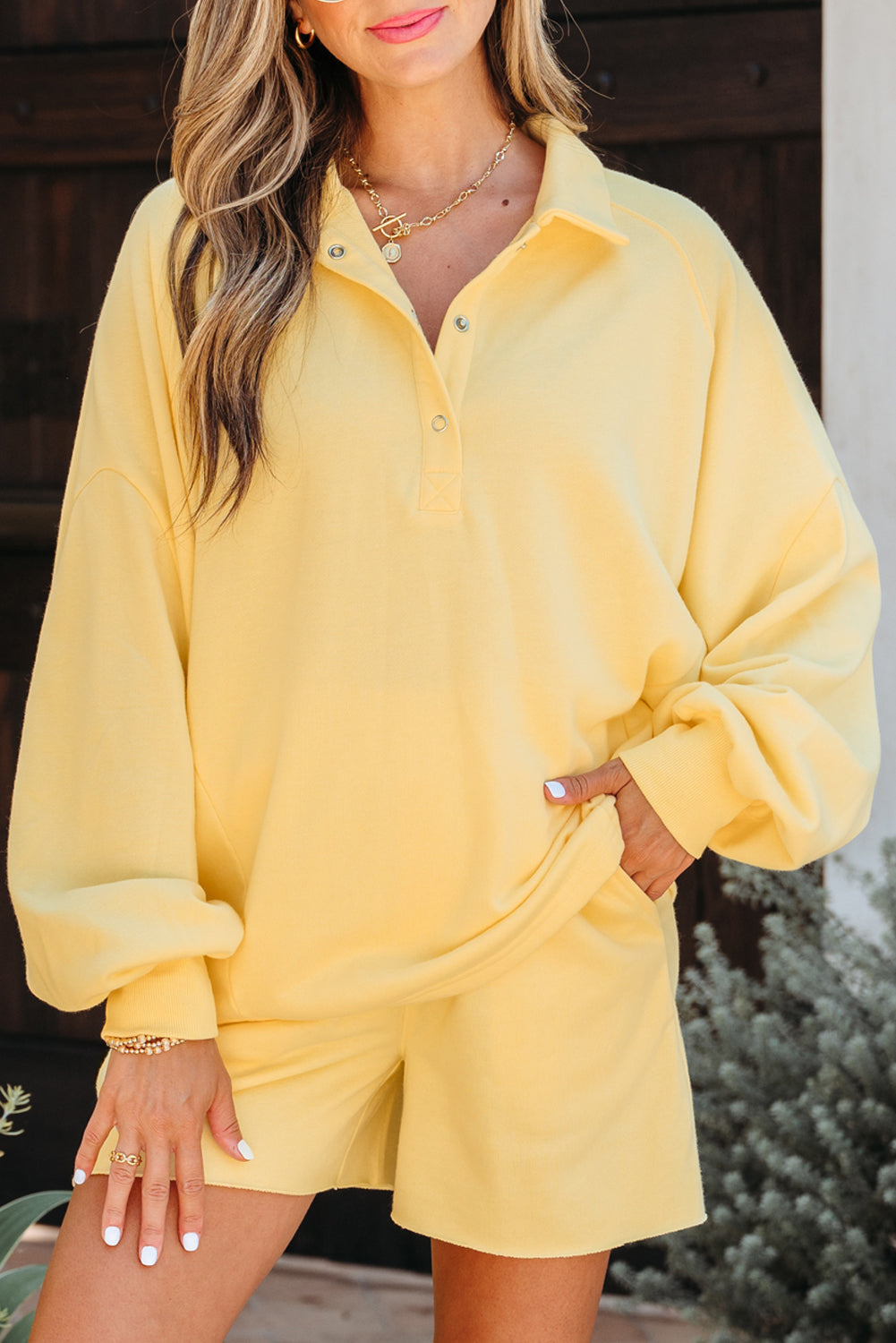Yellow Cream Button Collar Drop Shoulder Pullover and Shorts 2pcs Outfit Short Sets JT's Designer Fashion