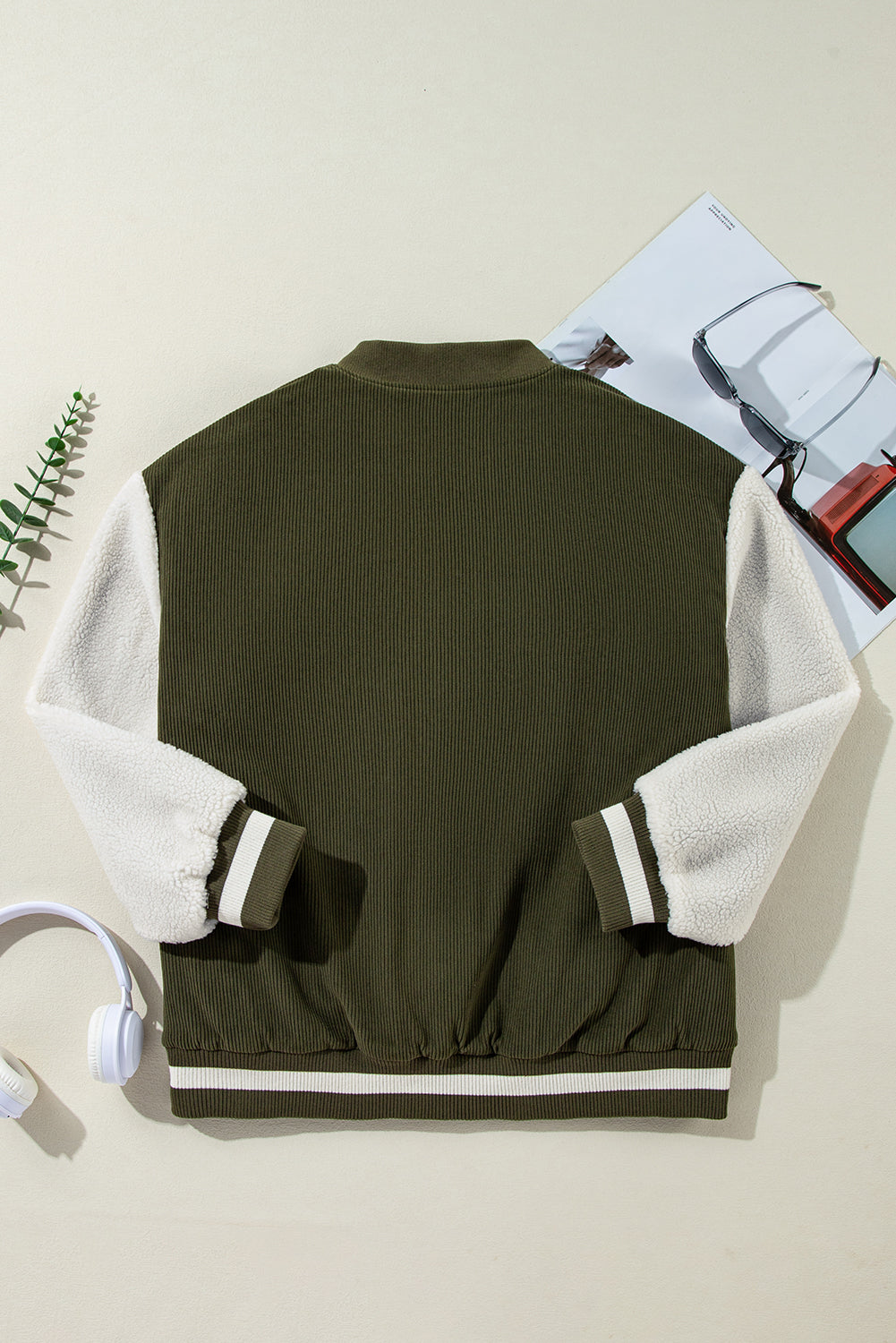 Mist Green Corduroy Fleece Patchwork Buttoned Bomber Jacket Jackets JT's Designer Fashion