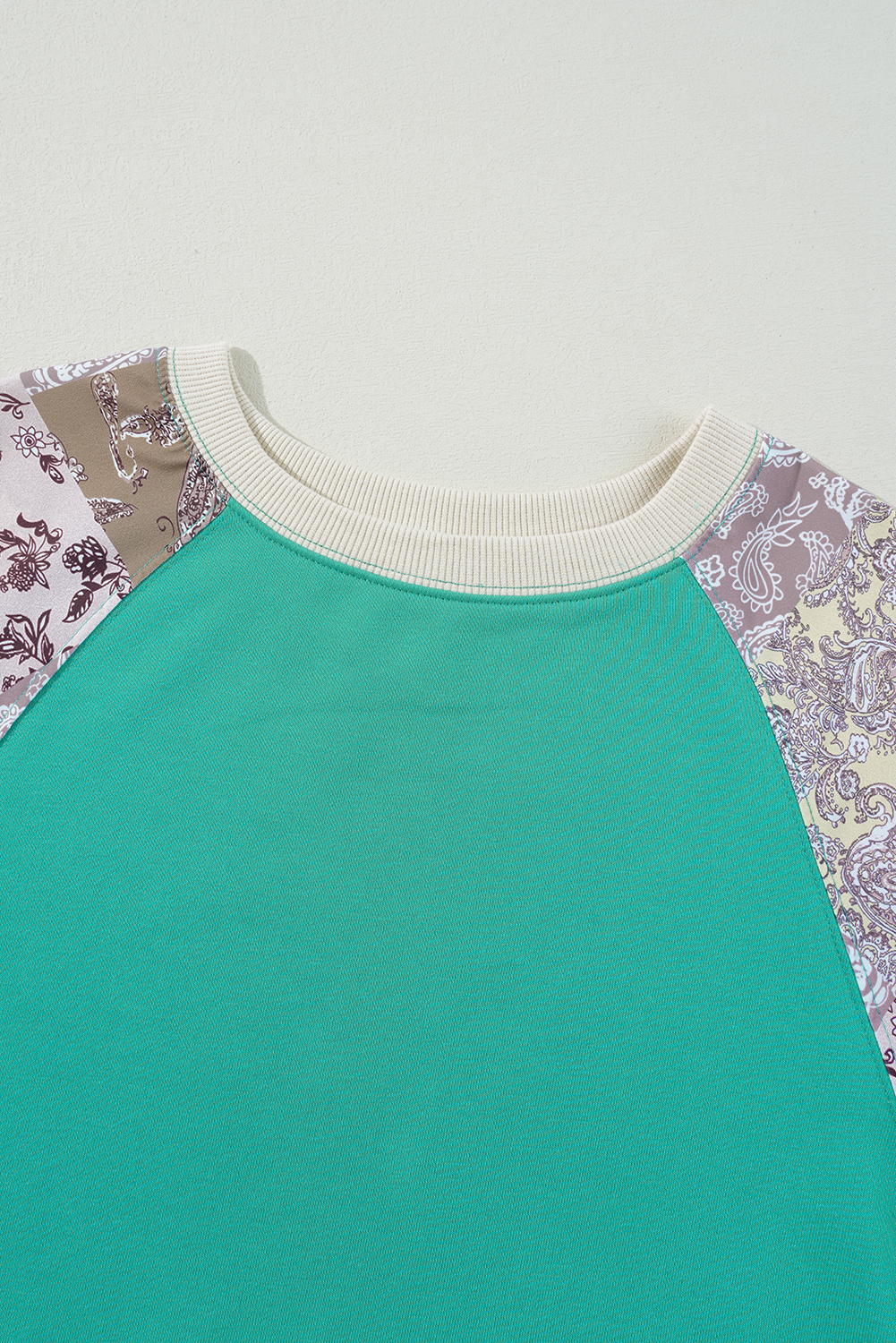 Aruba Blue Plaid Vintage Paisley Patchwork Long Sleeve Raglan Top Long Sleeve Tops JT's Designer Fashion