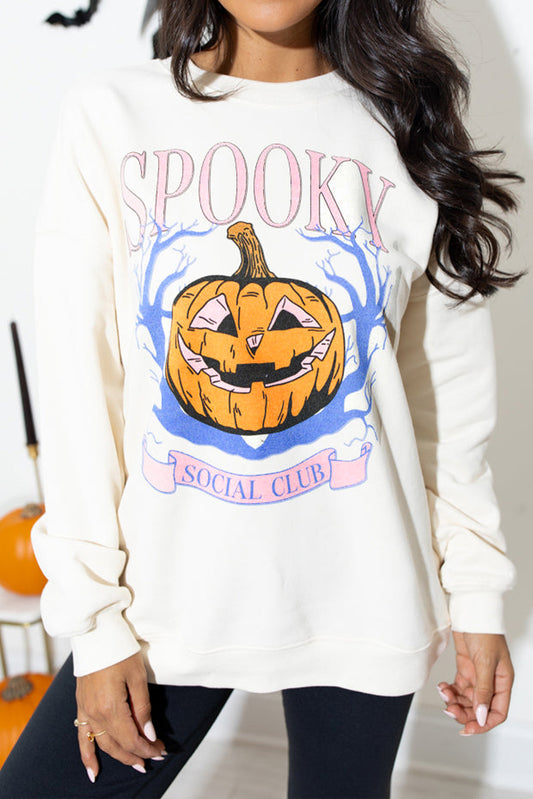 Beige SPOOKY SOCIAL CLUB Halloween Pumpkin Face Graphic Sweatshirt Beige 50%Polyester+50%Cotton Graphic Sweatshirts JT's Designer Fashion