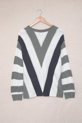 Gray Striped Colorblock V Neck Knitted Sweater Sweaters & Cardigans JT's Designer Fashion