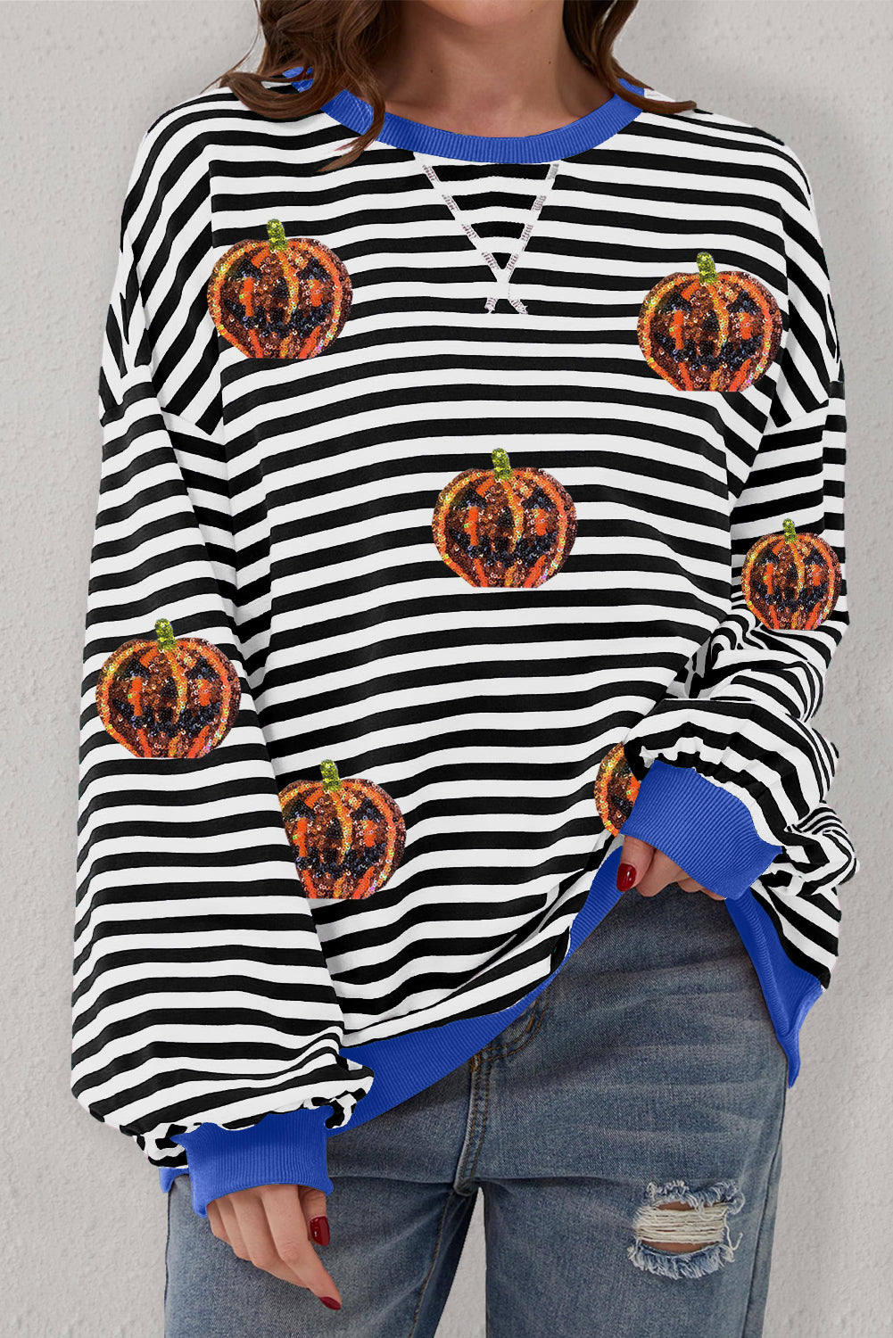 Black Stripe Funny Halloween Pumpkin Face Pattern Oversize Sweatshirt Graphic Sweatshirts JT's Designer Fashion