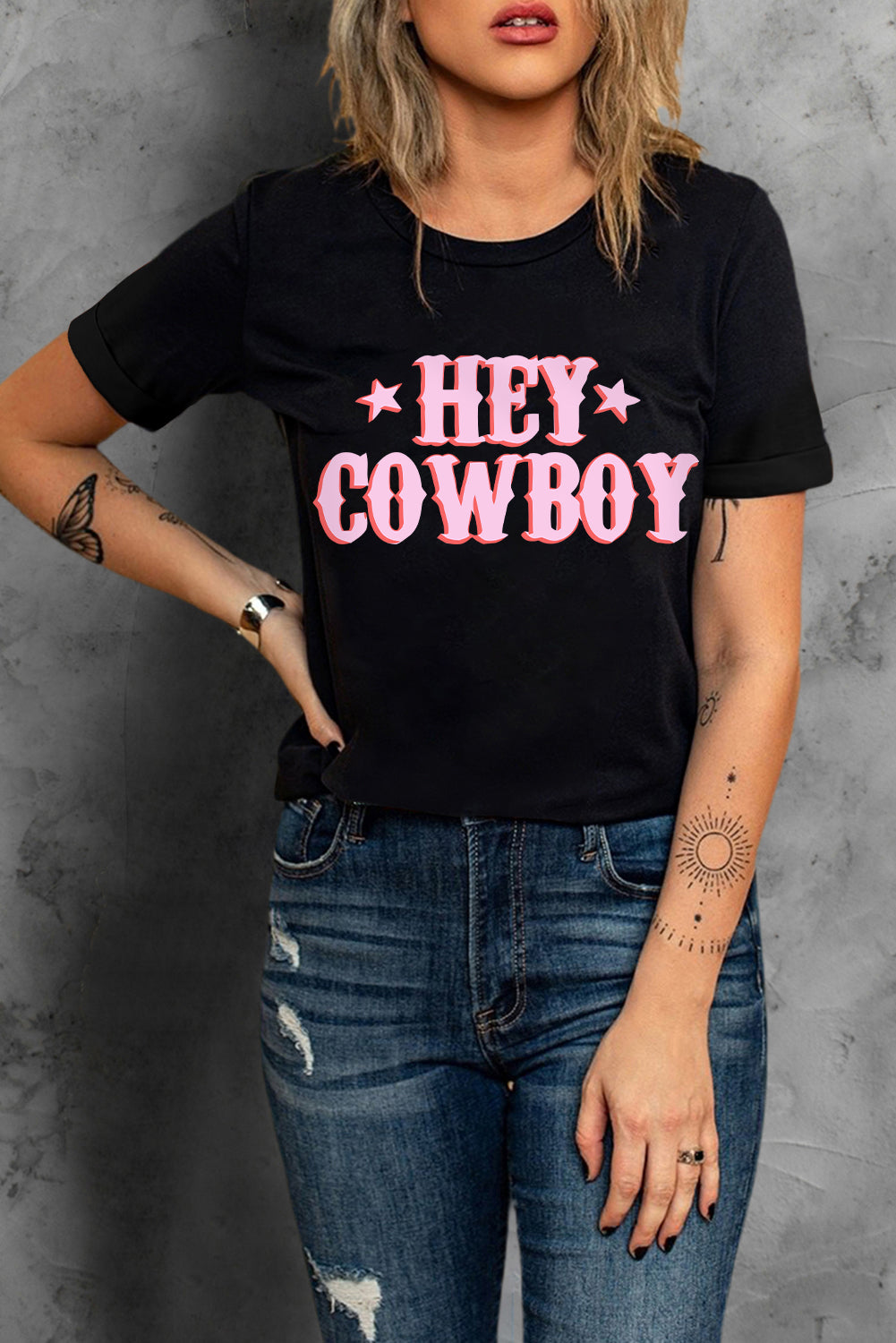 Black HEY COWBOY Graphic Crew Neck T-shirt Graphic Tees JT's Designer Fashion