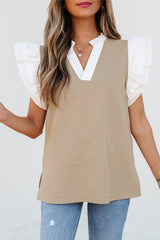 Pale Khaki Contrast V Neck Ruffled Textured Knit Top Blouses & Shirts JT's Designer Fashion
