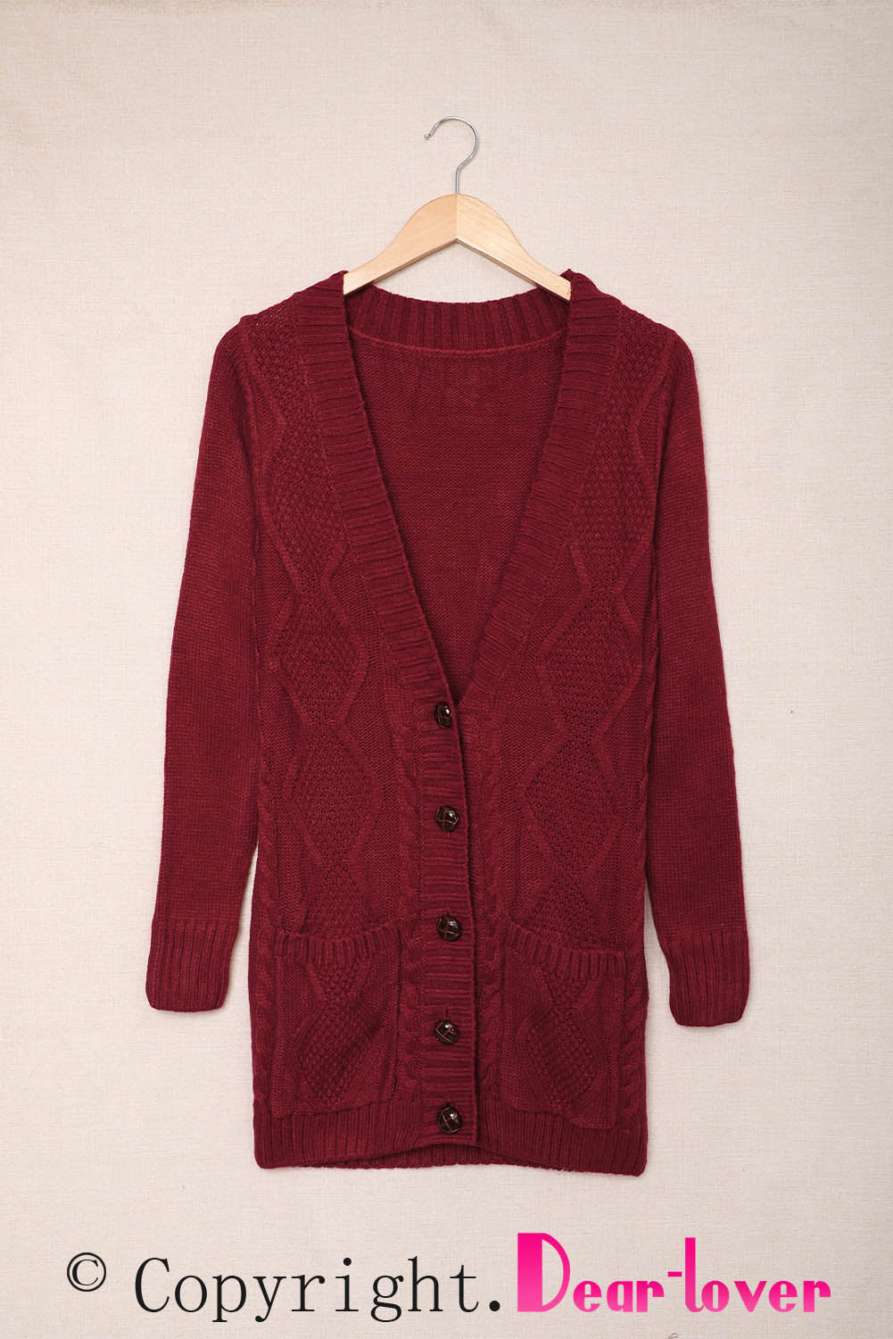 Burgundy Front Pocket and Buttons Closure Cardigan Sweaters & Cardigans JT's Designer Fashion