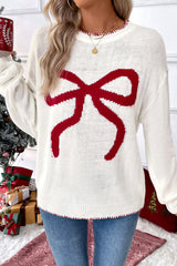 White Bow Pattern Contrast Trim Christmas Loose Graphic Sweater Sweaters JT's Designer Fashion