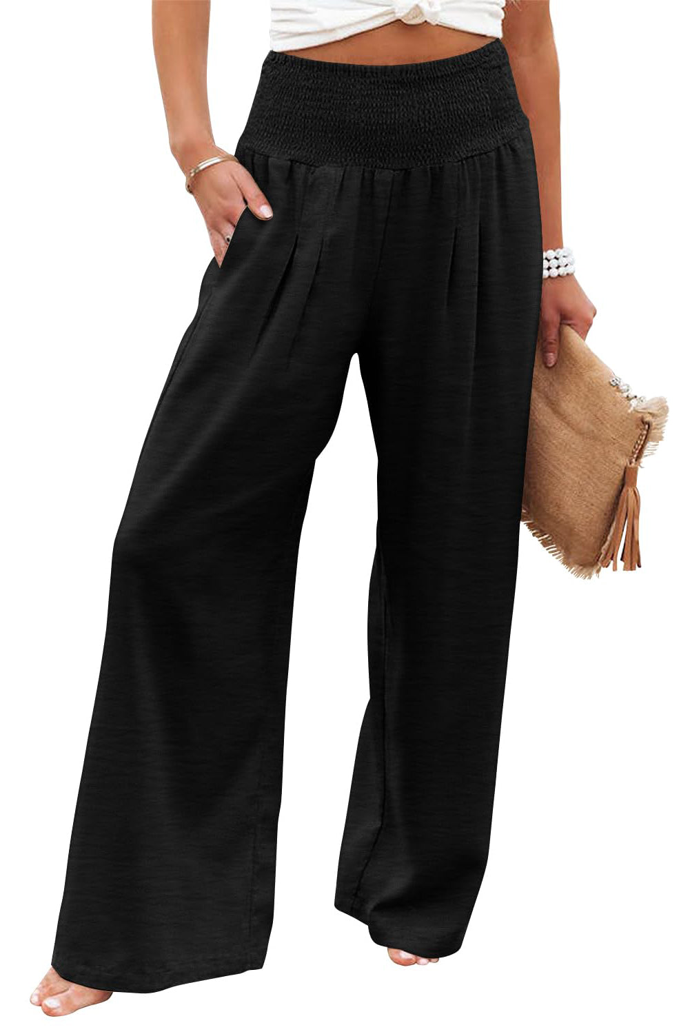 Black Shirred High Waist Plus Size Wide Leg Pants Plus Size Bottoms JT's Designer Fashion