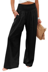 Black Shirred High Waist Plus Size Wide Leg Pants Plus Size Bottoms JT's Designer Fashion