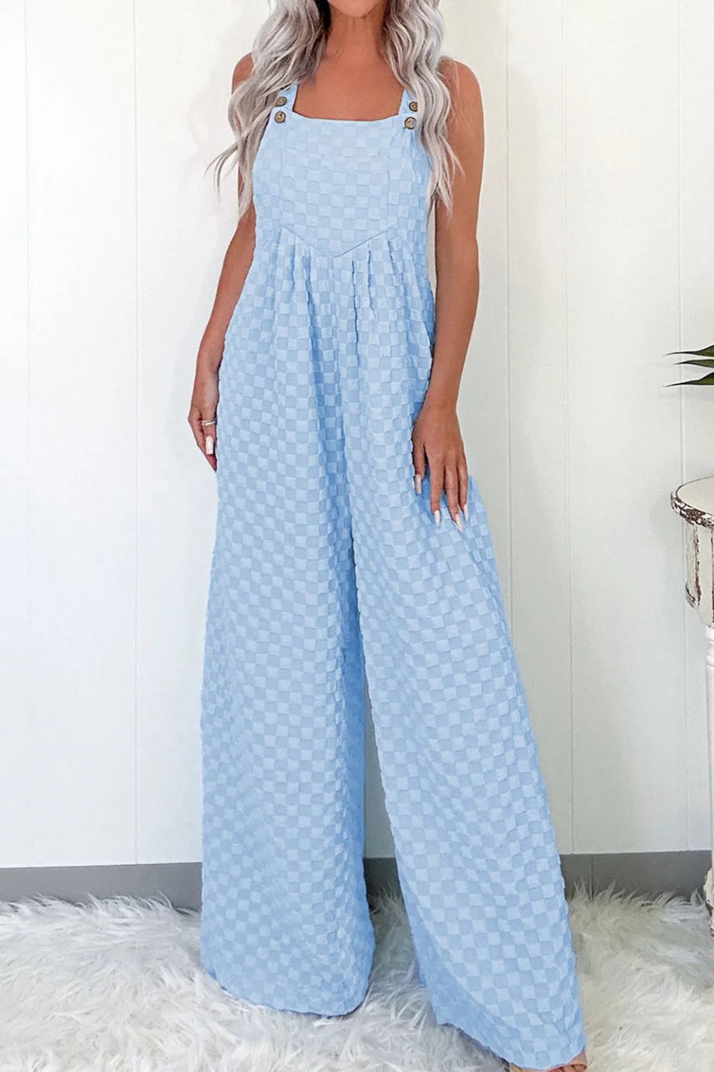 Checkered Pocketed Wide Leg Overalls Light Blue Jumpsuits & Rompers JT's Designer Fashion