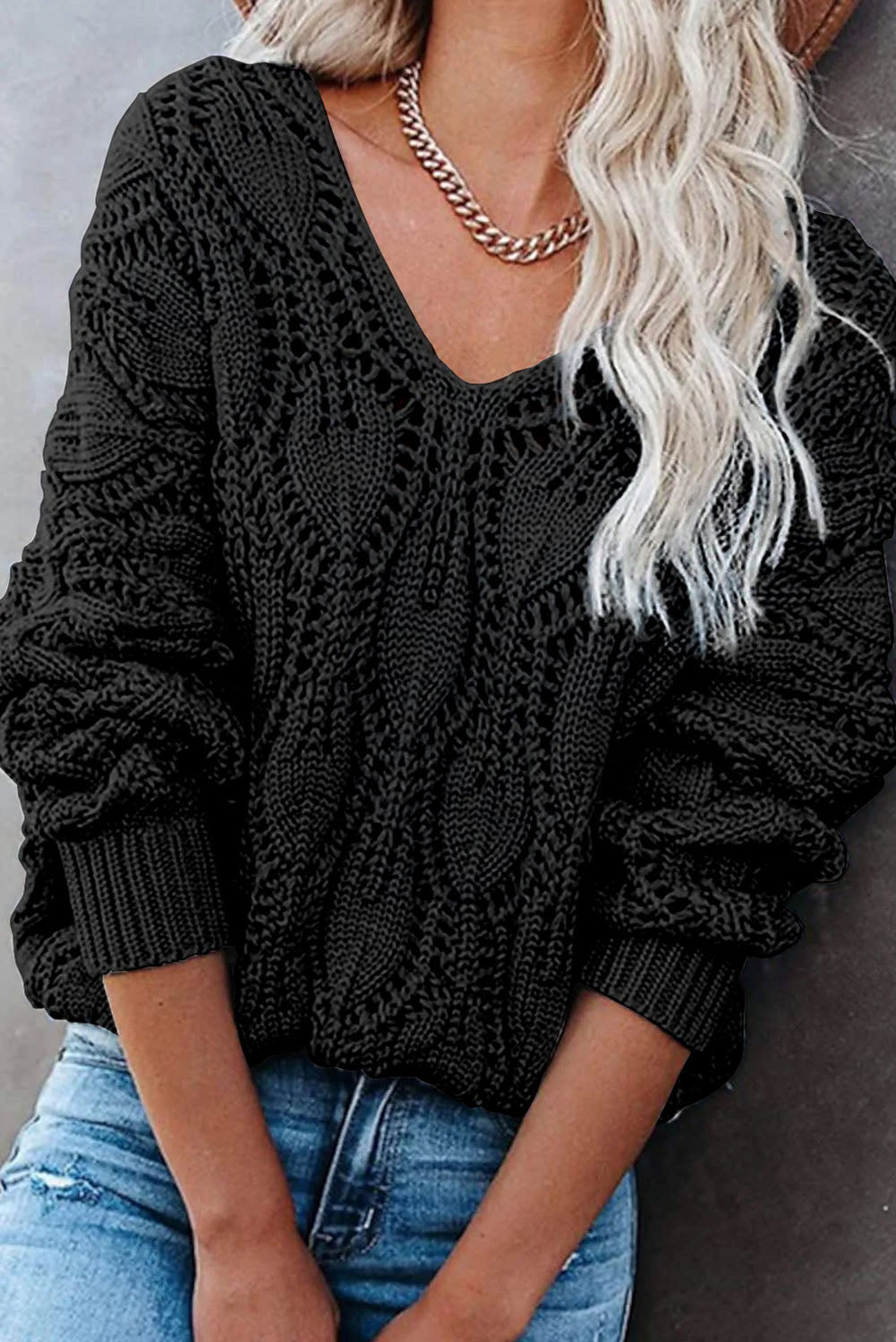 Black Crochet Knit Ribbed Hem Hollow-out Sweater Sweaters JT's Designer Fashion
