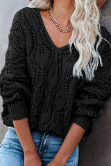 Black Crochet Knit Ribbed Hem Hollow-out Sweater Sweaters JT's Designer Fashion
