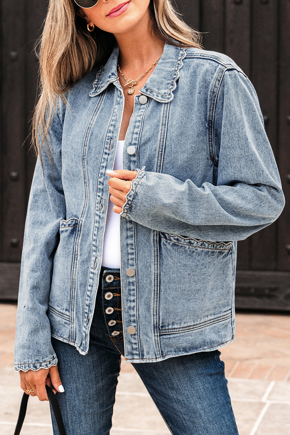 Myosotis Scallop Trim Collar Patched Pocket Button Up Denim Jacket Denim Jackets JT's Designer Fashion