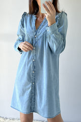 Myosotis Ruffled V Neck Buttoned Shift Denim Dress Mini Dresses JT's Designer Fashion